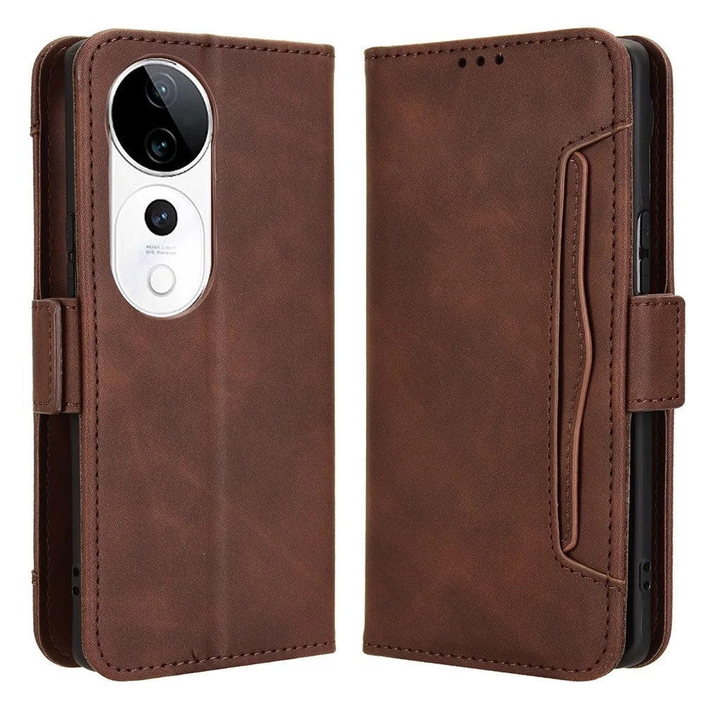 For vivo S19 Pro 5G  /  V40 5G Case Multiple Card Slots Leather Stand Phone Cover - Brown - 1