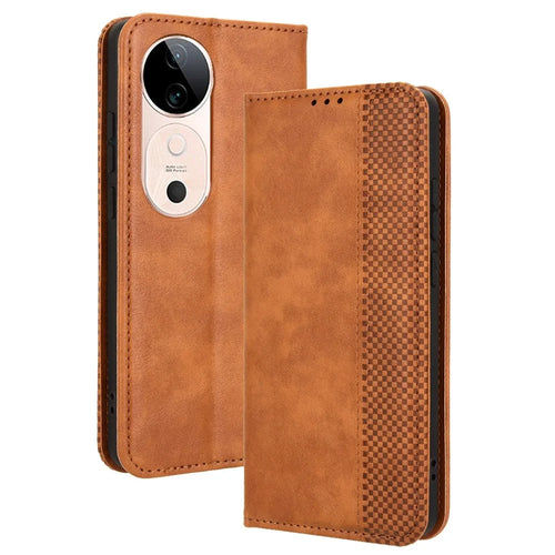 For vivo S19 5G Case Retro PU Leather Wallet Phone Cover Stand - Brown - 1