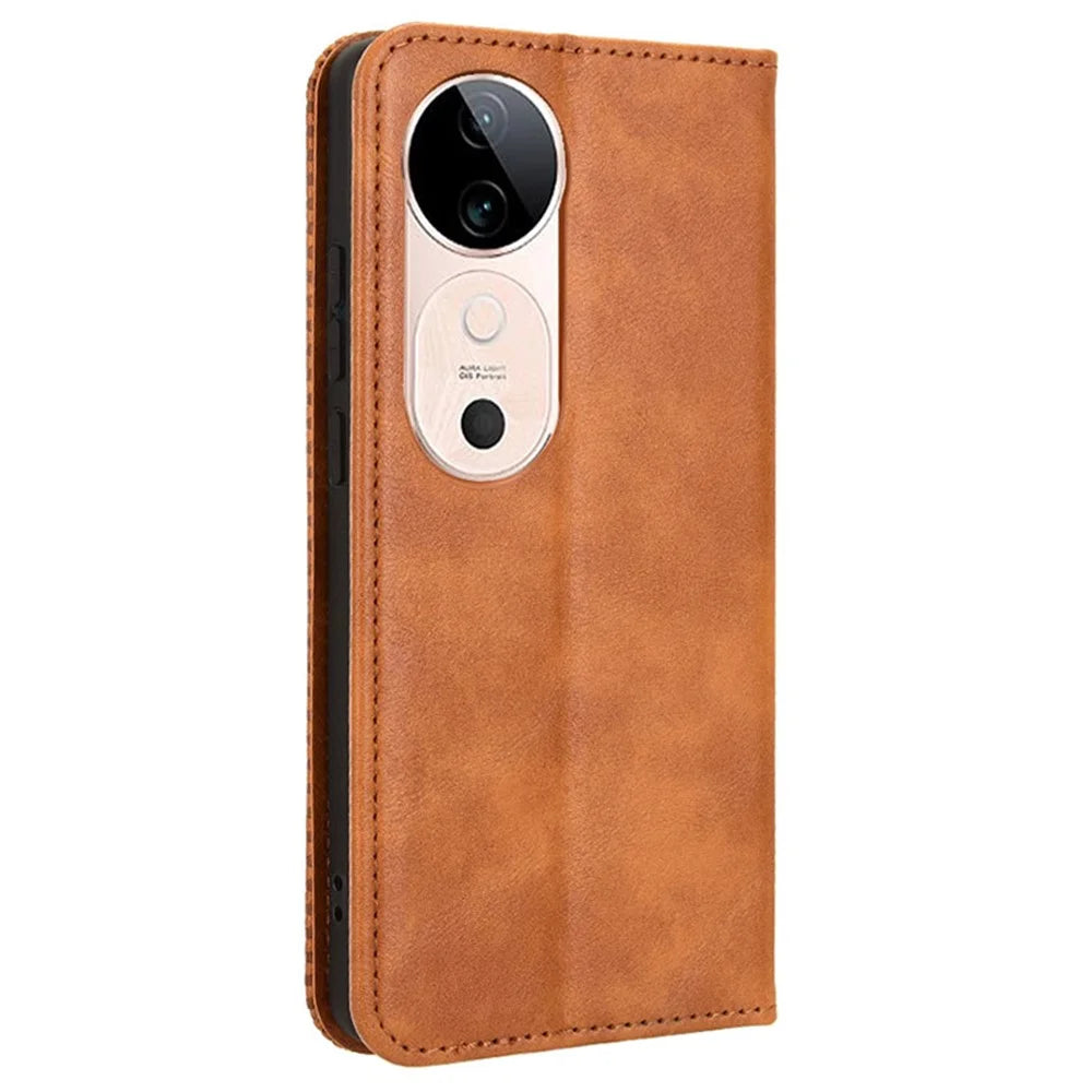 For vivo S19 5G Case Retro PU Leather Wallet Phone Cover Stand - Brown - 7
