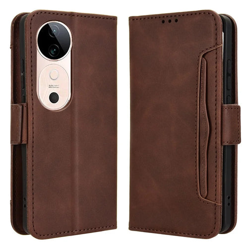 For vivo S19 5G Case Multiple Card Slots Leather Stand Phone Cover - Brown - 1