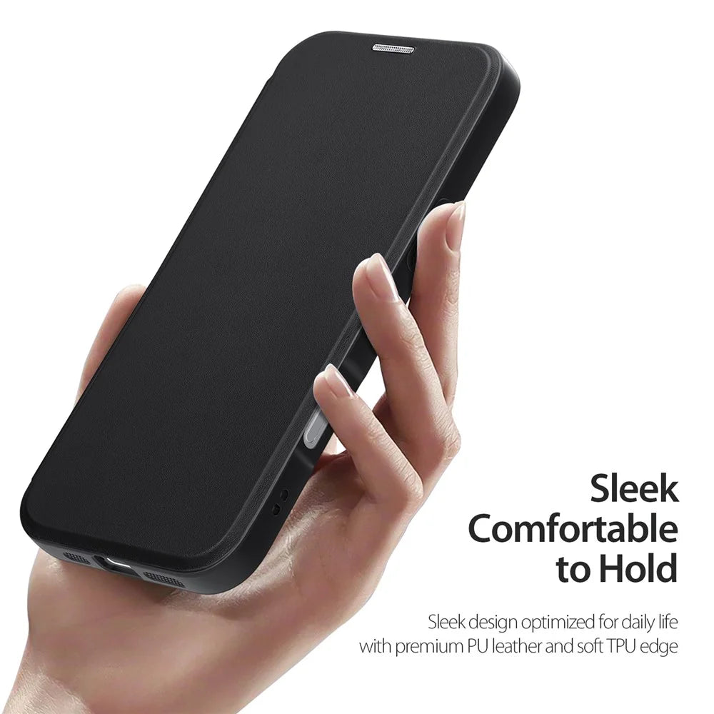 DUX DUCIS Skin X Pro for iPhone 16 Magnetic Case Card Slot PU Leather Flip Phone Cover - Black - 6