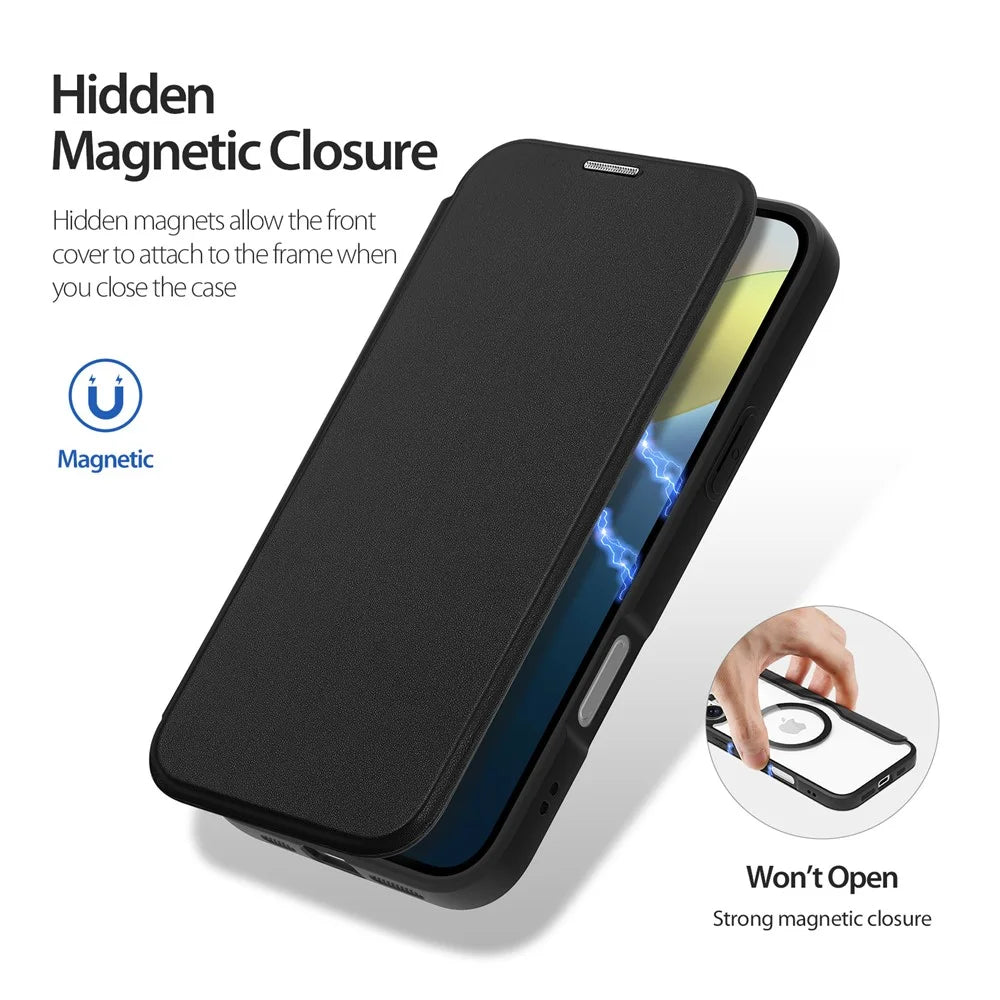 DUX DUCIS Skin X Pro for iPhone 16 Magnetic Case Card Slot PU Leather Flip Phone Cover - Black - 7
