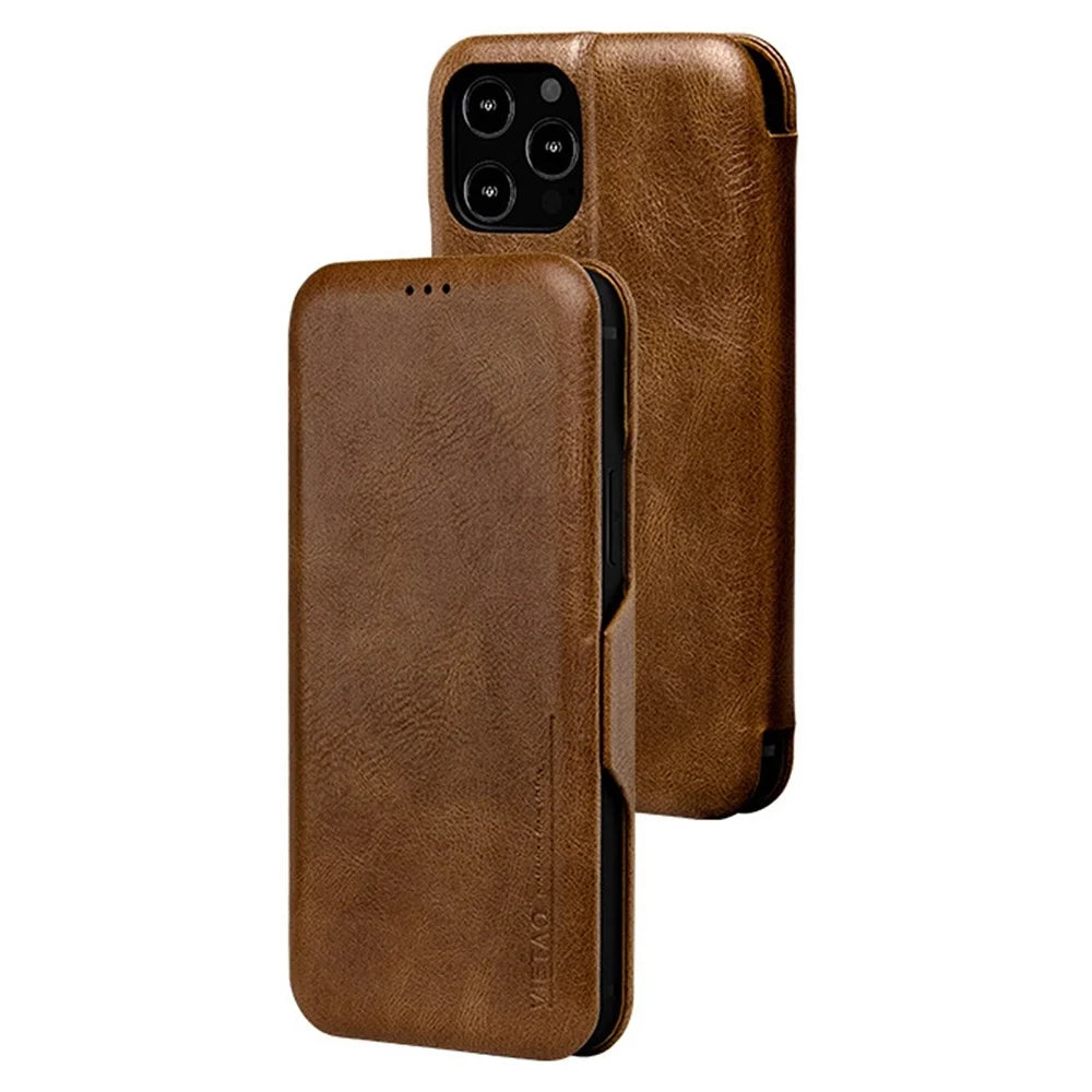 VIETAO For iPhone 13 Pro Max 6.7 inch Shockproof Case Anti-Scratch Phone Case PU Leather Phone Stand Cover with Card Holder - Brown - 1
