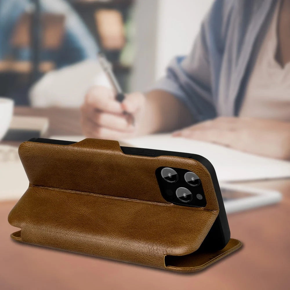 VIETAO For iPhone 13 Pro Max 6.7 inch Shockproof Case Anti-Scratch Phone Case PU Leather Phone Stand Cover with Card Holder - Brown - 5