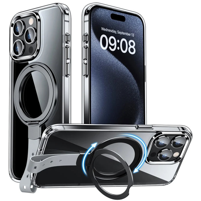 For iPhone 15 Pro Max Case Magnetic Kickstand Anti-Drop Clear PC Phone Cover - Transparent Black / Grey Rope - 1