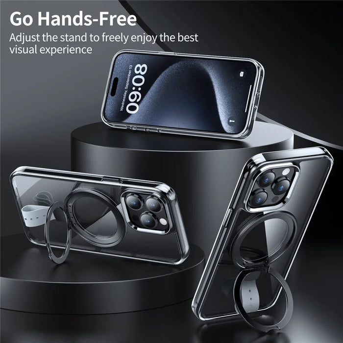 For iPhone 15 Pro Case Magnetic Clear PC Hard Phone Cover Rotatable Ring Kickstand - Transparent Black / Grey Rope - 2
