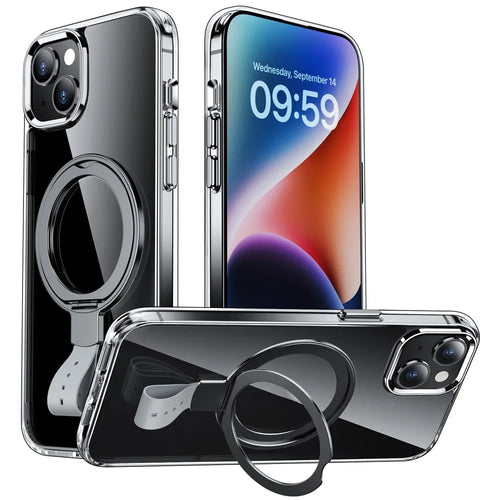 For iPhone 14 Case Compatible with MagSafe Hard PC Clear Phone Cover Ring Holder  - Transparent Black / Grey Rope - 1