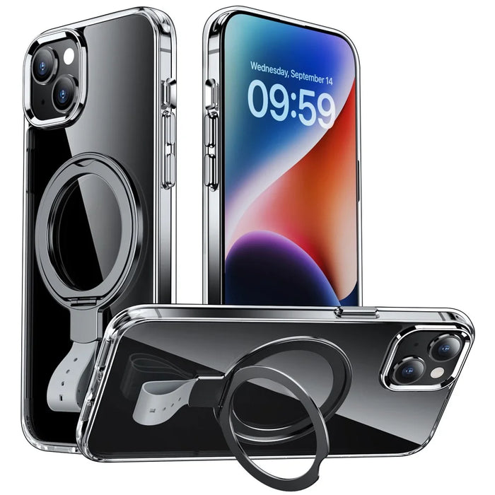 For iPhone 14 Case Compatible with MagSafe Hard PC Clear Phone Cover Ring Holder  - Transparent Black / Grey Rope - 1