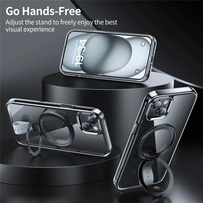 For iPhone 14 Case Compatible with MagSafe Hard PC Clear Phone Cover Ring Holder  - Transparent Black / Grey Rope - 2