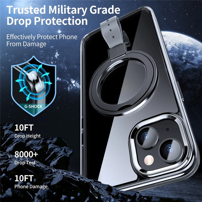 For iPhone 14 Case Compatible with MagSafe Hard PC Clear Phone Cover Ring Holder  - Transparent Black / Grey Rope - 7