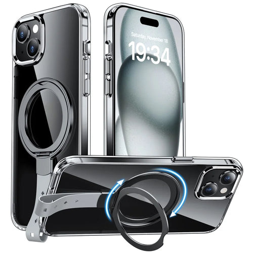 For iPhone 15 Plus Magnetic Case Clear PC Shockproof Phone Cover Grip Kickstand - Transparent Black / Grey Rope - 1