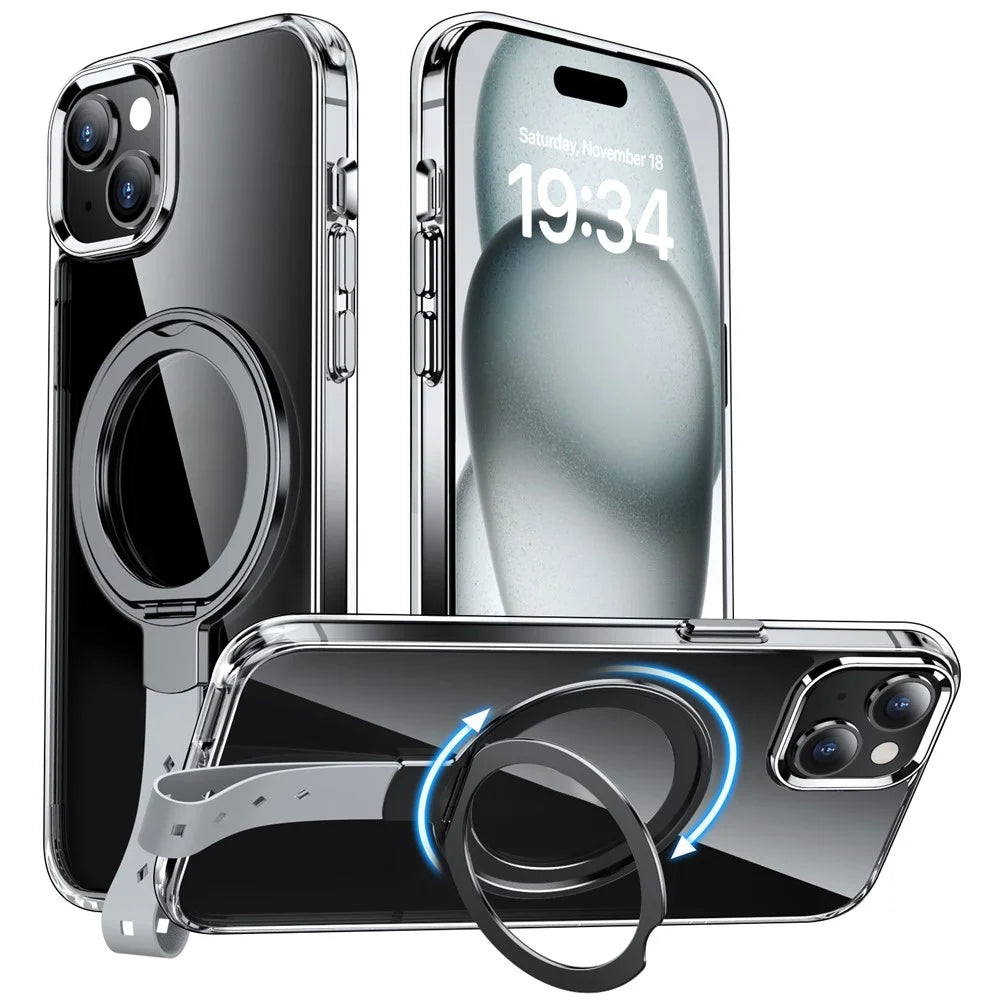For iPhone 15 Plus Magnetic Case Clear PC Shockproof Phone Cover Grip Kickstand - Transparent Black / Grey Rope - 1