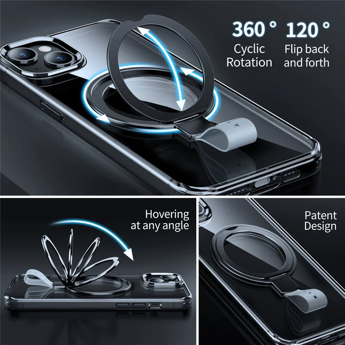 For iPhone 15 Plus Magnetic Case Clear PC Shockproof Phone Cover Grip Kickstand - Transparent Black / Grey Rope - 3