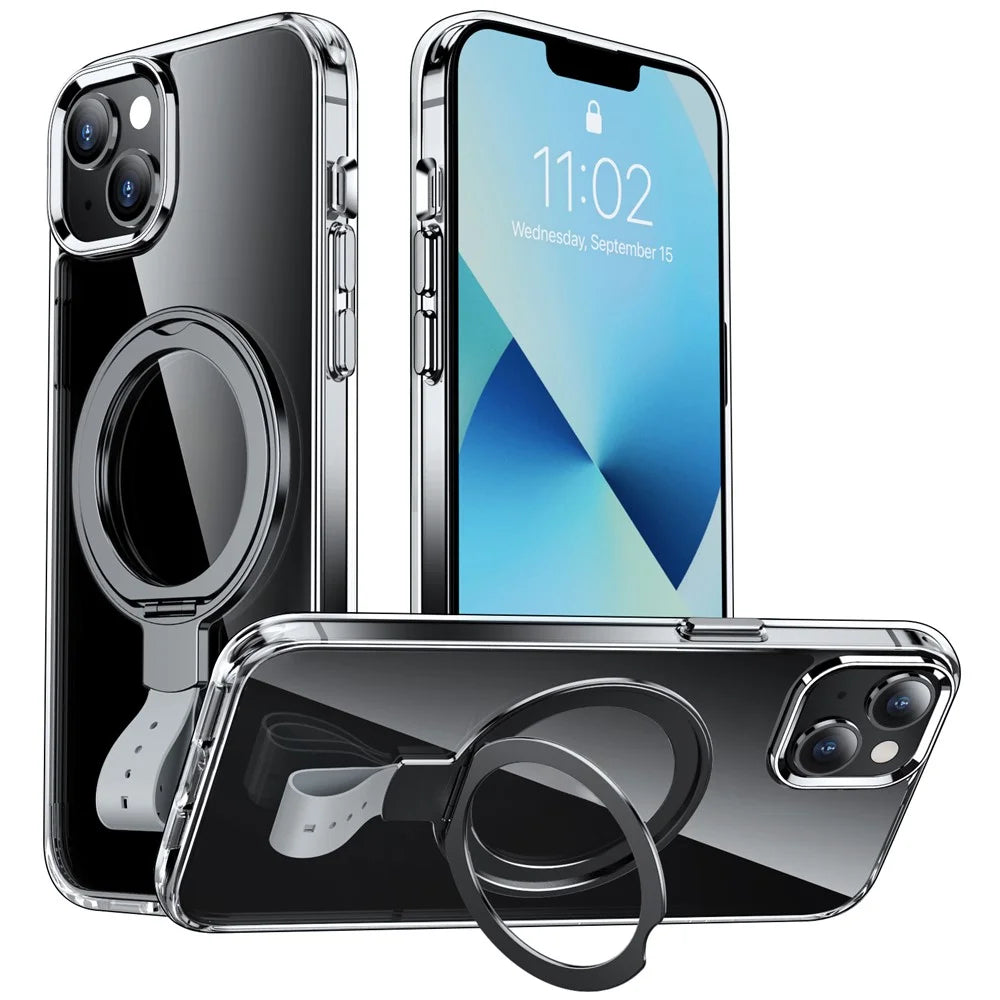 For iPhone 13 Case Magnetic Kickstand PC Drop Protection Phone Cover Clear Back - Transparent Black / Grey Rope - 1
