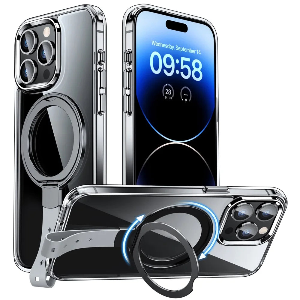 For iPhone 14 Pro Max Magnetic Case Clear PC Hard Phone Cover Rotatable Grip Holder - Transparent Black / Grey Rope - 1