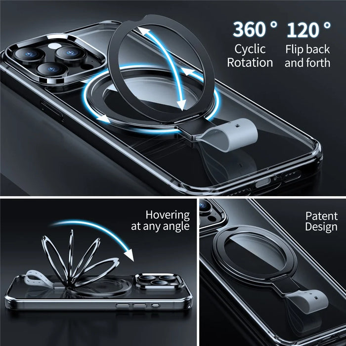 For iPhone 14 Pro Max Magnetic Case Clear PC Hard Phone Cover Rotatable Grip Holder - Transparent Black / Grey Rope - 3