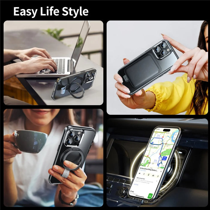 For iPhone 14 Pro Max Magnetic Case Clear PC Hard Phone Cover Rotatable Grip Holder - Transparent Black / Grey Rope - 6