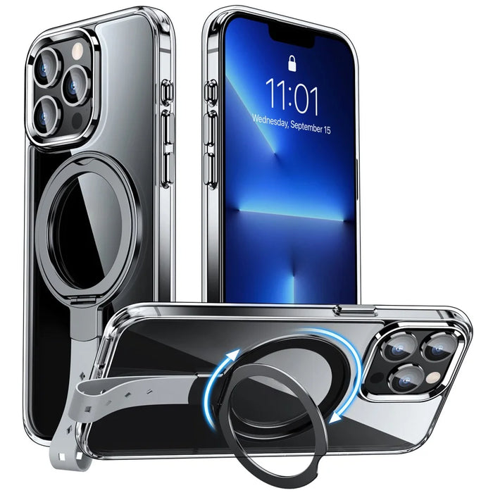 For iPhone 13 Pro Magnetic Case Shockproof Hard PC Phone Cover Rotatable Ring Holder Kickstand - Transparent Black  /  Grey Rope - 1
