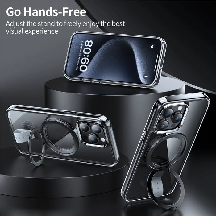 For iPhone 13 Pro Magnetic Case Shockproof Hard PC Phone Cover Rotatable Ring Holder Kickstand - Transparent Black  /  Grey Rope - 2