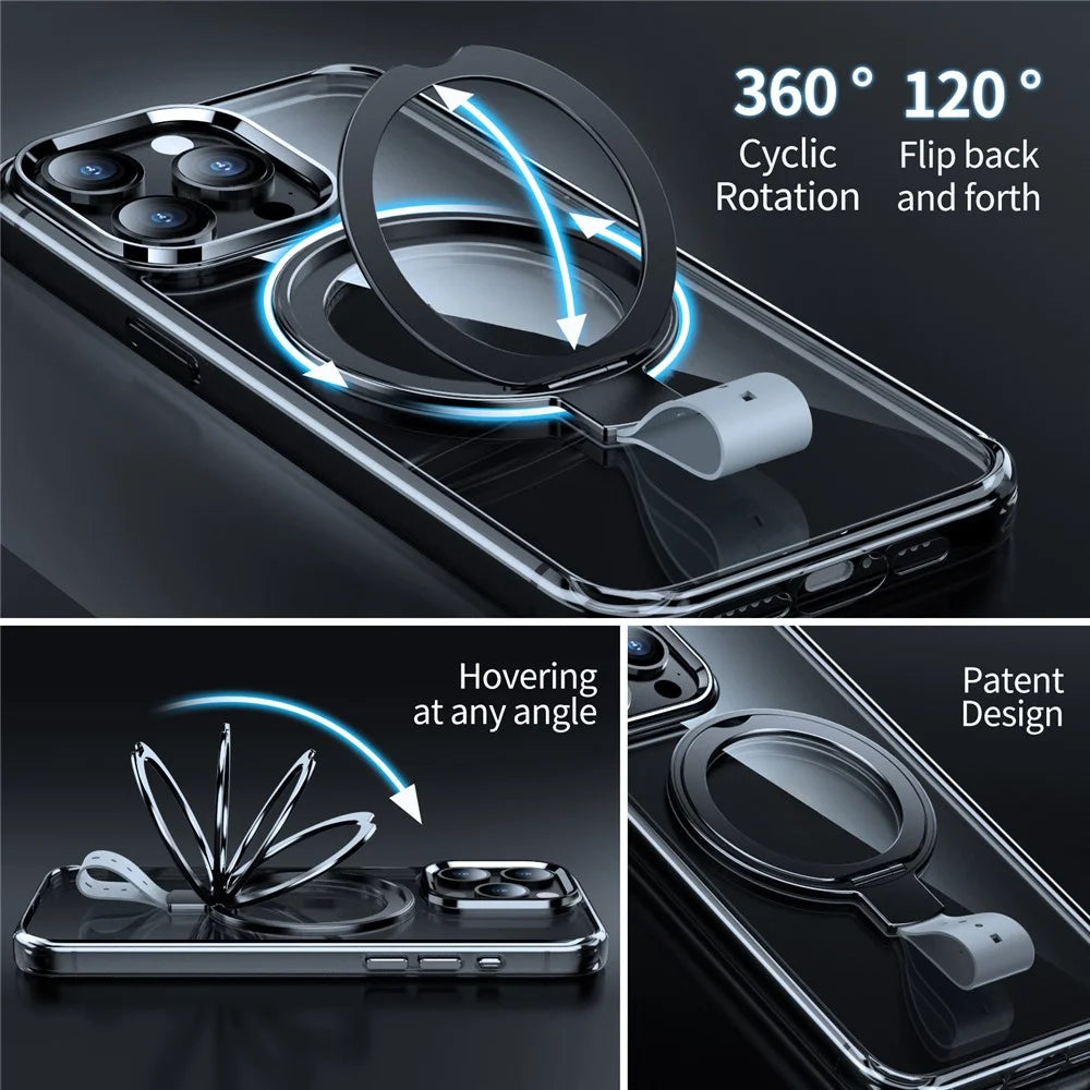 For iPhone 13 Pro Max Case Magnetic Kickstand Rotatable Hard Plastic Phone Cover - Transparent Black / Grey Rope - 3