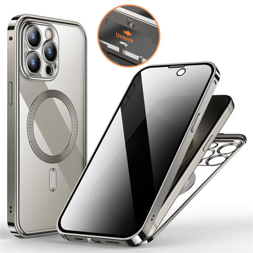 For iPhone 15 Pro Max Magnetic Case Tempered Glass+PC Anti Peeping Phone Cover - Natural - 1