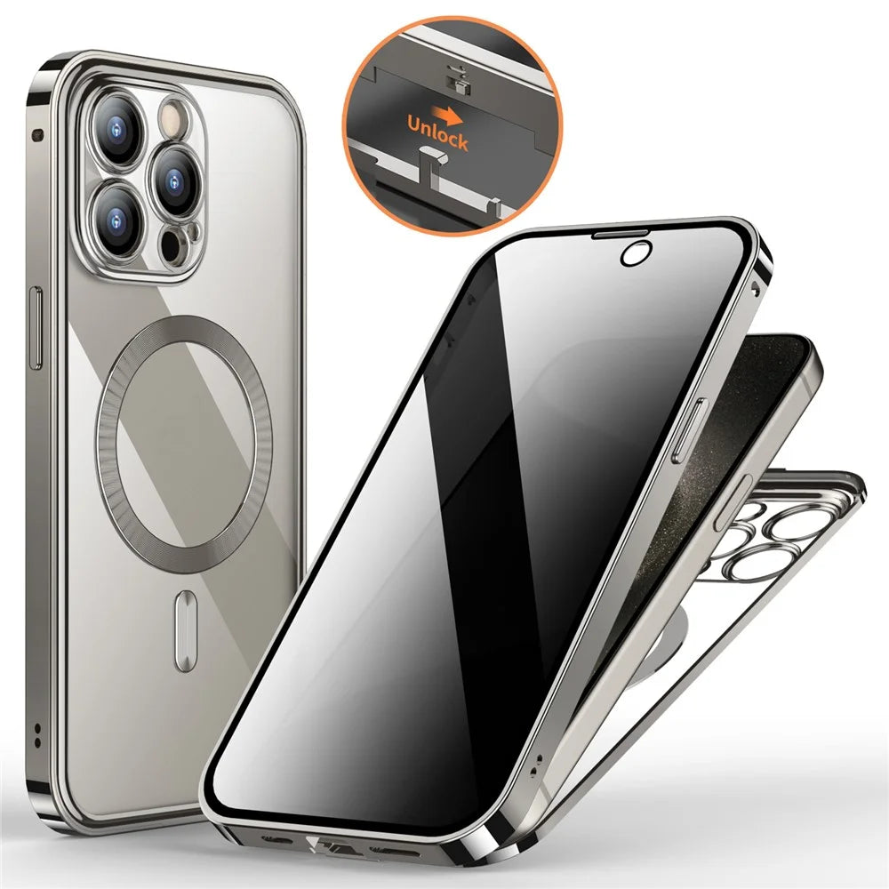For iPhone 15 Pro Max Magnetic Case Tempered Glass+PC Anti Peeping Phone Cover - Natural - 1