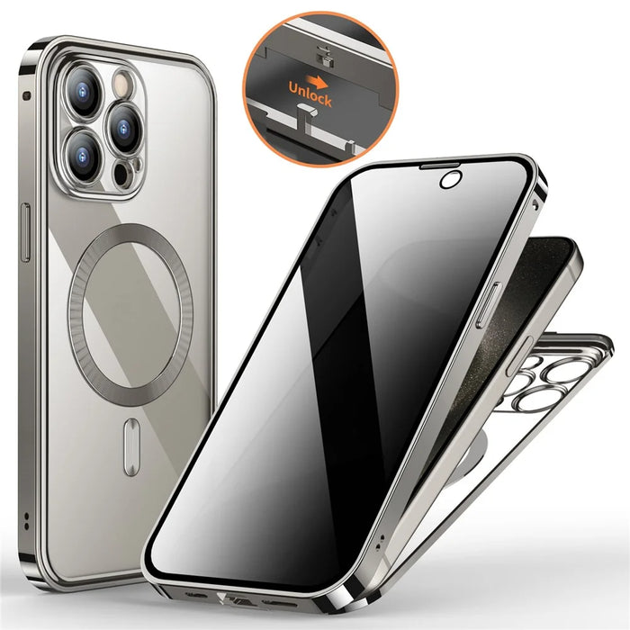 For iPhone 15 Pro Max Magnetic Case Tempered Glass+PC Anti Peeping Phone Cover - Natural - 1