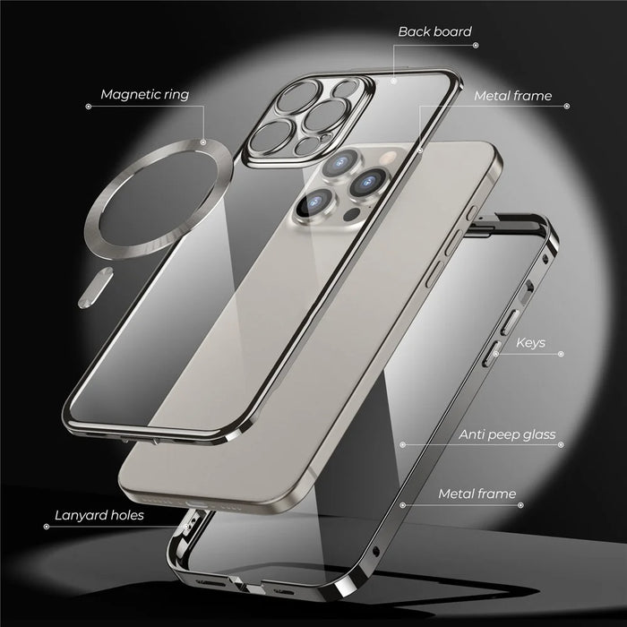 For iPhone 15 Pro Max Magnetic Case Tempered Glass+PC Anti Peeping Phone Cover - Natural - 7
