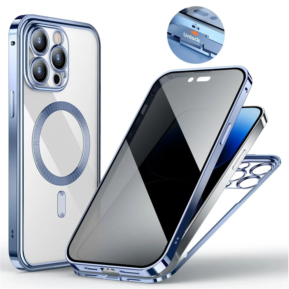 For iPhone 14 Pro Privacy Case Tempered Glass+PC Magnetic Phone Cover Compatible with MagSafe - Blue - 1