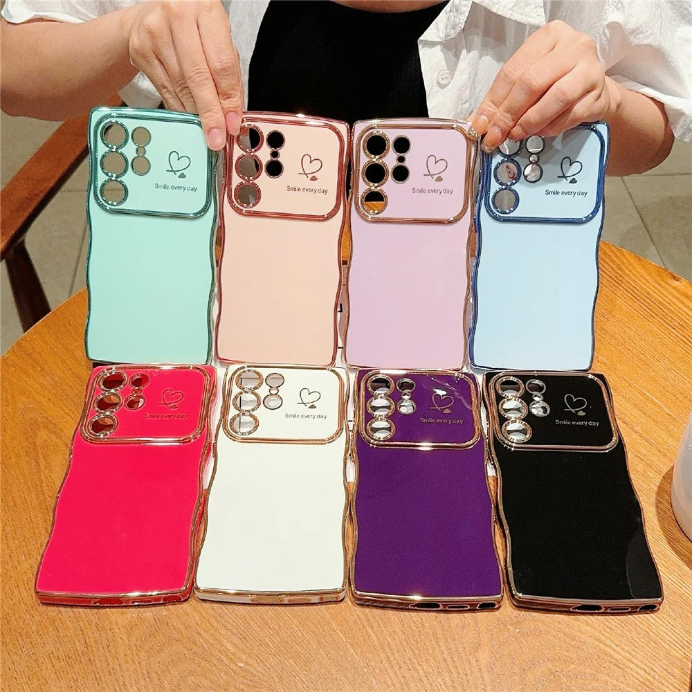For Samsung Galaxy S22 Ultra 5G Case Wave Frame with Love Heart Raised Camera Protection TPU Cover - Rose Pink - 7