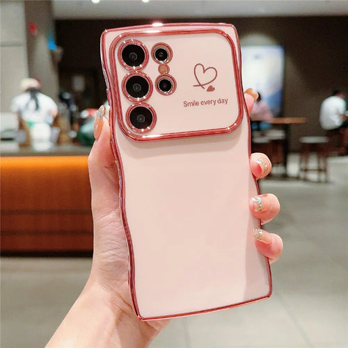For Samsung Galaxy S23 Ultra Case Wave Frame with Love Heart Raised Camera Protection TPU Cover - Rose Pink - 1