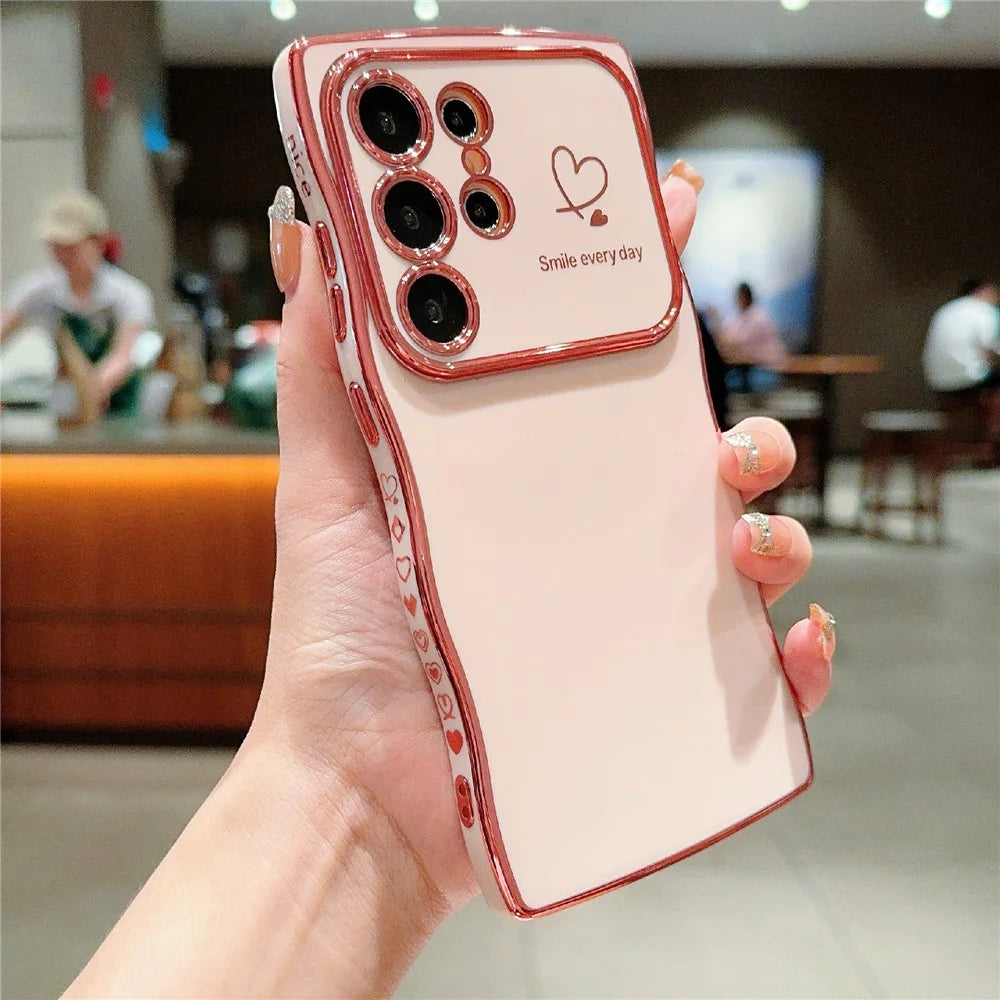 For Samsung Galaxy S23 Ultra Case Wave Frame with Love Heart Raised Camera Protection TPU Cover - Rose Pink - 2