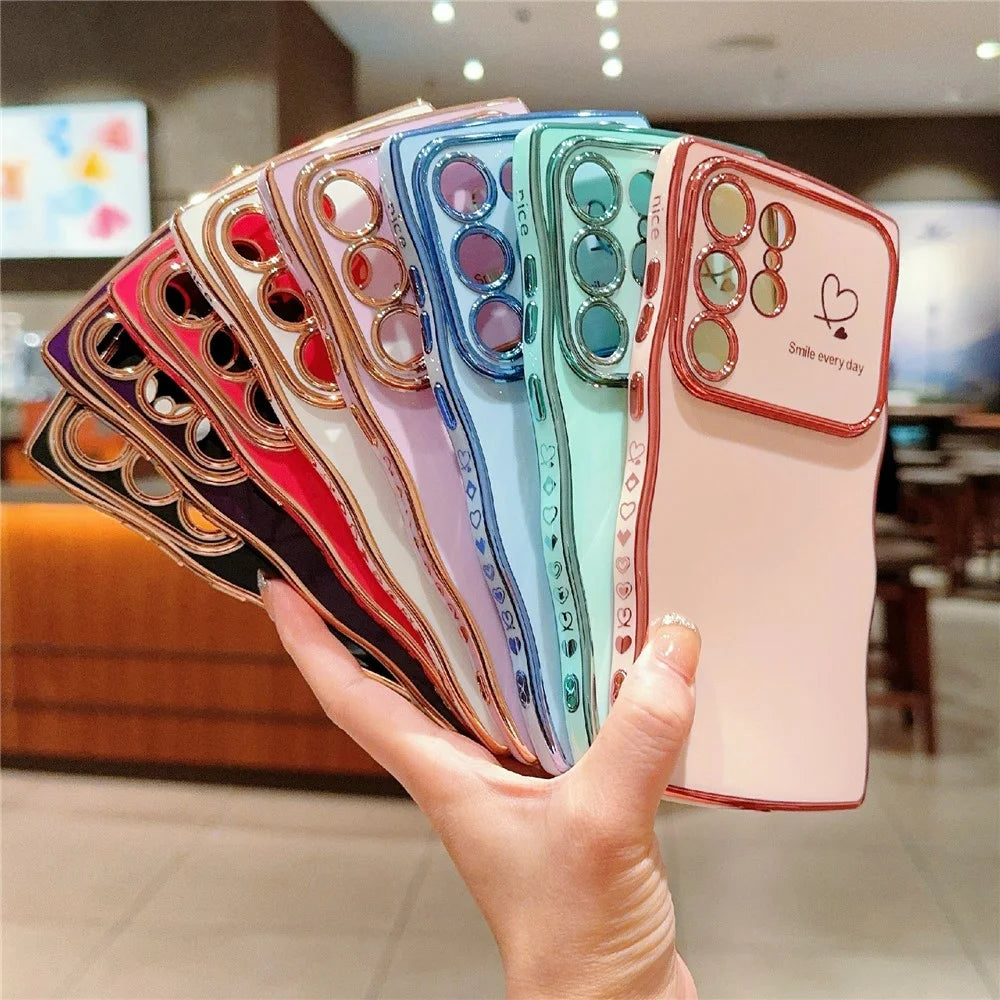 For Samsung Galaxy S23 Ultra Case Wave Frame with Love Heart Raised Camera Protection TPU Cover - Rose Pink - 5