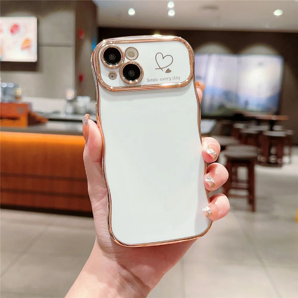 For iPhone 14 Plus Case Wave Frame with Love Heart Raised Camera Protection TPU Cover - Ivory White - 1