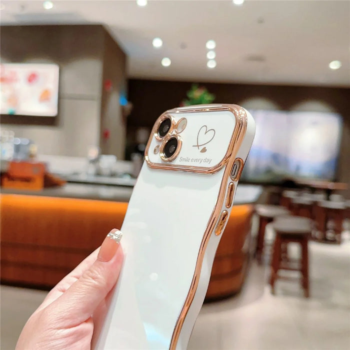 For iPhone 14 Plus Case Wave Frame with Love Heart Raised Camera Protection TPU Cover - Ivory White - 4