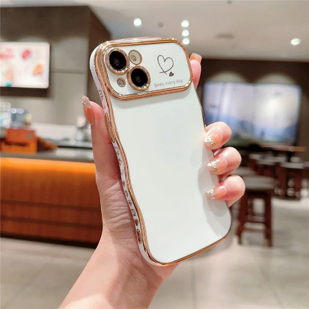 For iPhone 14 Case Wave Frame with Love Heart Raised Camera Protection TPU Cover - Ivory White - 2