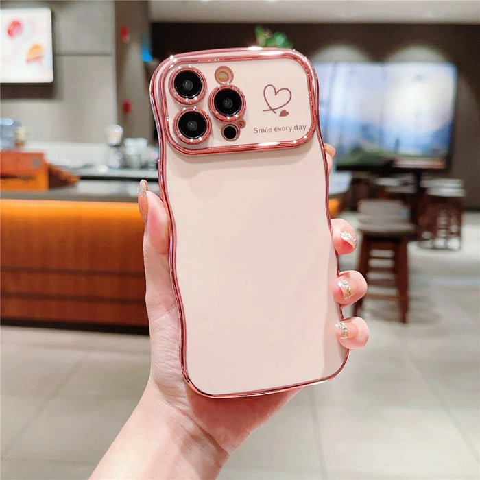 For iPhone 15 Pro Max Case Wave Frame with Love Heart Raised Camera Protection TPU Cover - Rose Pink - 1