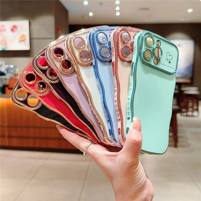 For iPhone 15 Pro Max Case Wave Frame with Love Heart Raised Camera Protection TPU Cover - Rose Pink - 6
