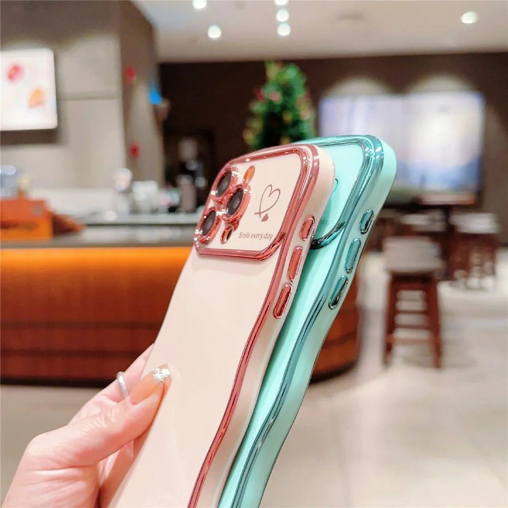For iPhone 14 Pro Max Case Wave Frame with Love Heart Raised Camera Protection TPU Cover - Rose Pink - 3