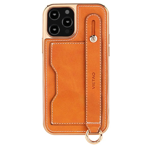 VIETAO Phone Case Card Holder For iPhone 14 Pro, Kickstand PU Leather + TPU Electroplating Phone Cover with Lanyard - Orange - 1