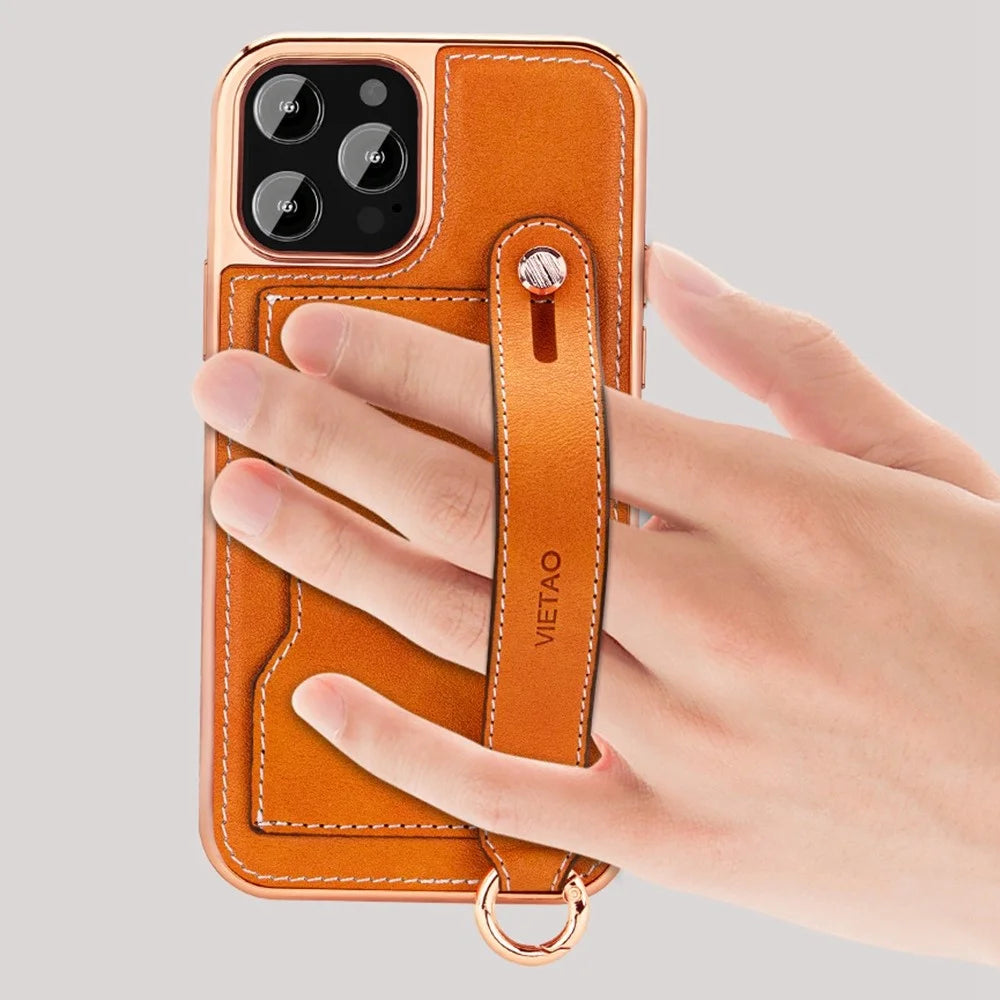 VIETAO Phone Case Card Holder For iPhone 14 Pro, Kickstand PU Leather + TPU Electroplating Phone Cover with Lanyard - Orange - 2