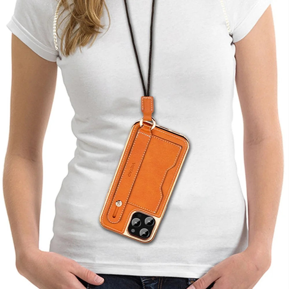 VIETAO Phone Case Card Holder For iPhone 14 Pro, Kickstand PU Leather + TPU Electroplating Phone Cover with Lanyard - Orange - 3