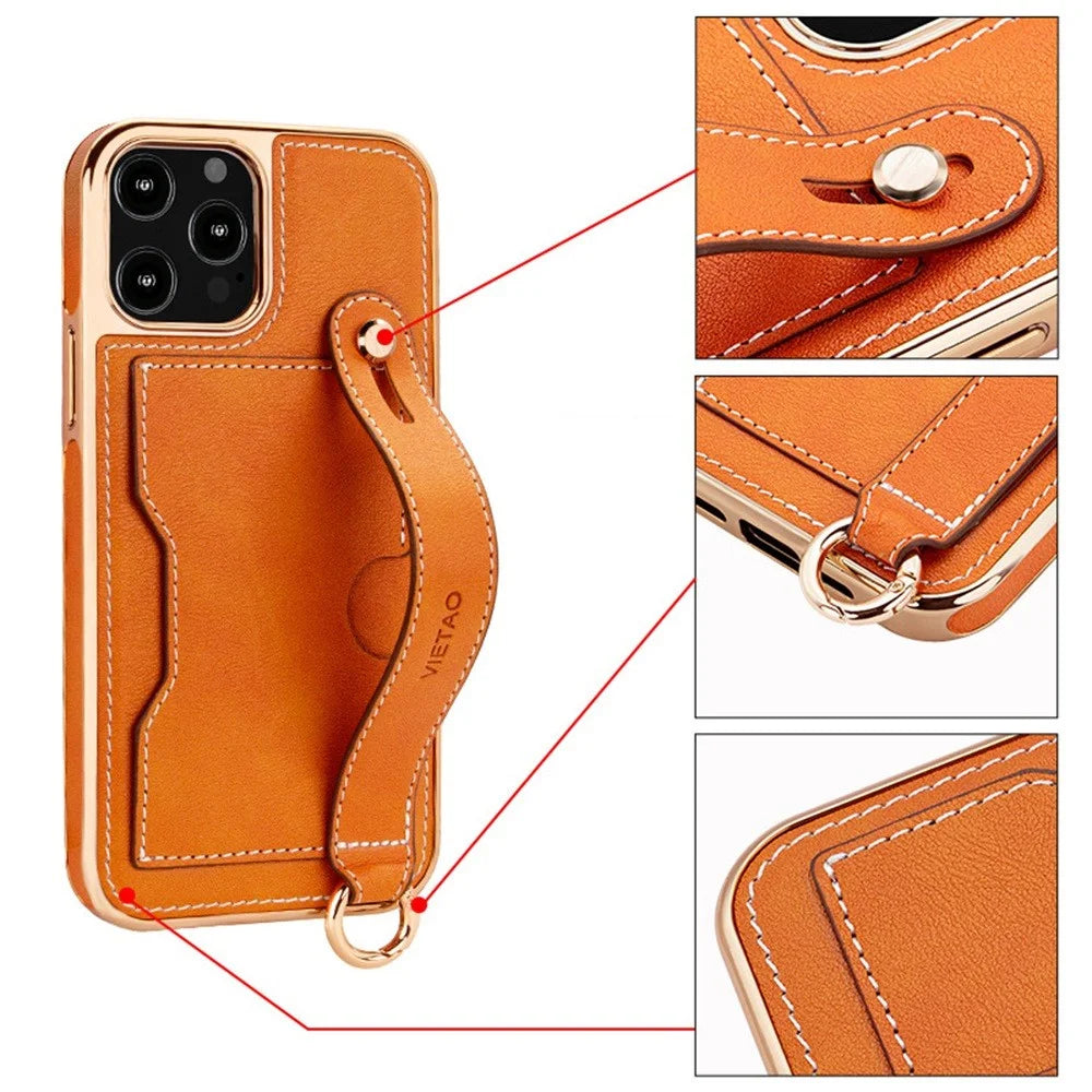 VIETAO Phone Case Card Holder For iPhone 14 Pro, Kickstand PU Leather + TPU Electroplating Phone Cover with Lanyard - Orange - 4