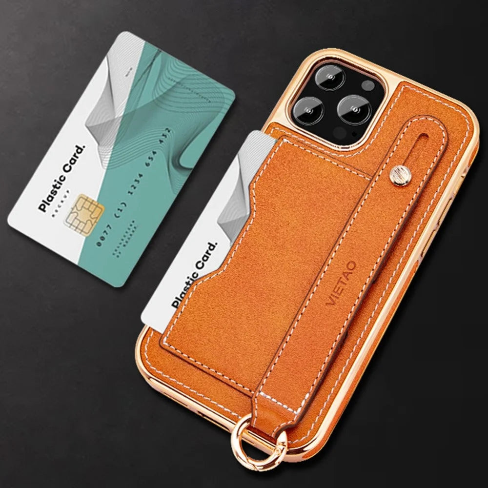 VIETAO Phone Case Card Holder For iPhone 14 Pro, Kickstand PU Leather + TPU Electroplating Phone Cover with Lanyard - Orange - 5