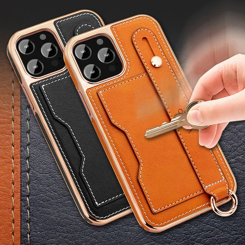 VIETAO Phone Case Card Holder For iPhone 14 Pro, Kickstand PU Leather + TPU Electroplating Phone Cover with Lanyard - Orange - 7