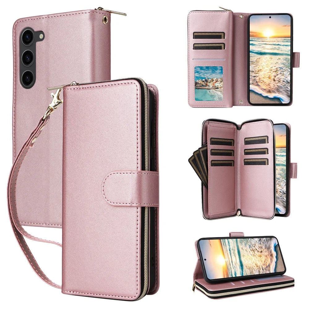 R20 For Samsung Galaxy S23 Leather Case Zipper Wallet Folio Flip Phone Cover - Rose Gold - 1
