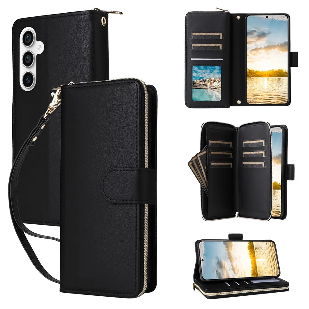 R20 For Samsung Galaxy S23 FE Case Leather Zipper Phone Cover with 9 Card Slots - Black - 1