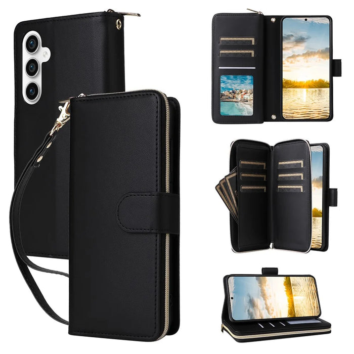 R20 For Samsung Galaxy S23 FE Case Leather Zipper Phone Cover with 9 Card Slots - Black - 1