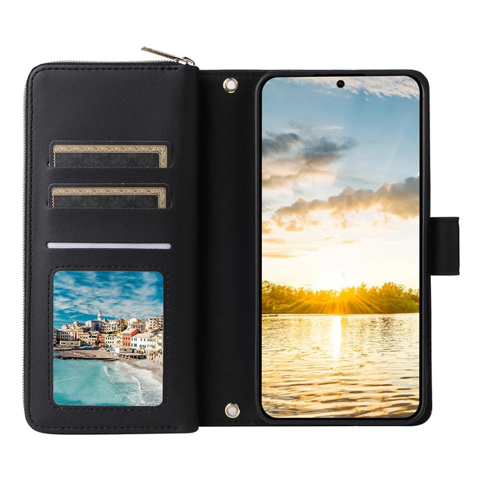 R20 For Samsung Galaxy S23 FE Case Leather Zipper Phone Cover with 9 Card Slots - Black - 2