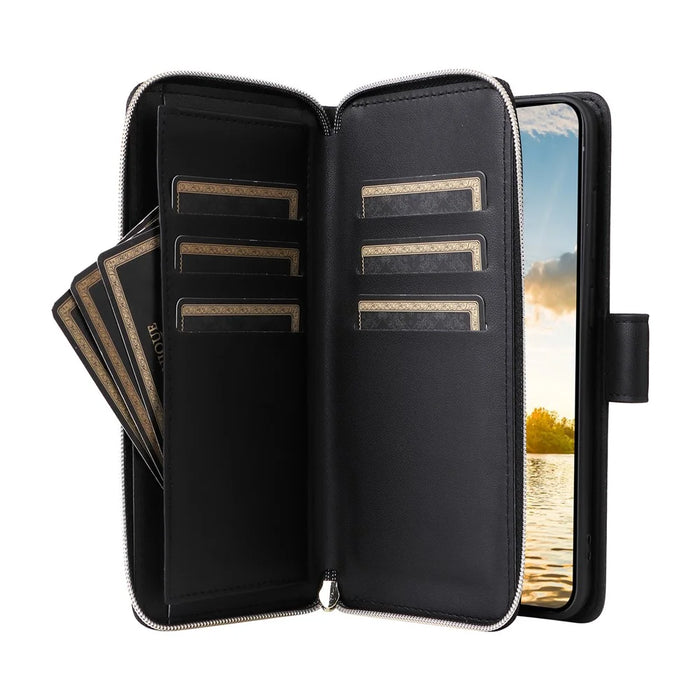 R20 For Samsung Galaxy S23 FE Case Leather Zipper Phone Cover with 9 Card Slots - Black - 3
